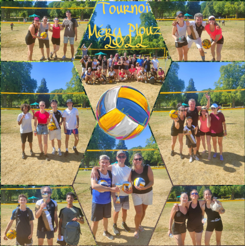 Planche-contact du tournoi de Méry'Plouz 2022 au parc du château de Méry-sur-Oise : équipes sur le sable, ballon au centre et remise des prix.